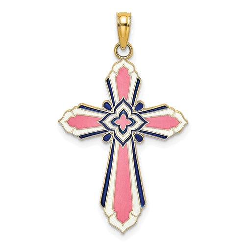 14k-3-d-w-pink-and-white-enamel-cross-charm-SolomonJeweler-Wichita-KS-CustomJewelry