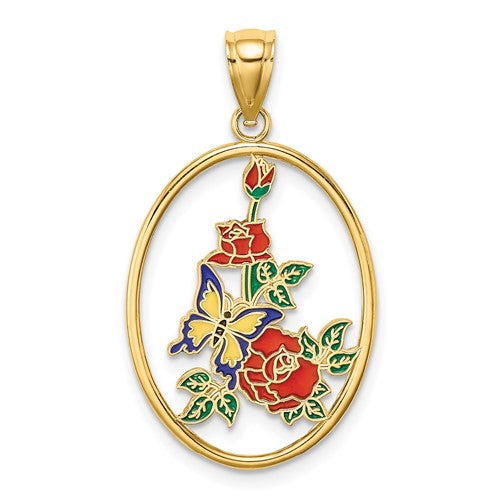 14k-enamel-yellow-butterfly-in-oval-red-flower-charm-SolomonJeweler-Wichita-KS-CustomJewelry