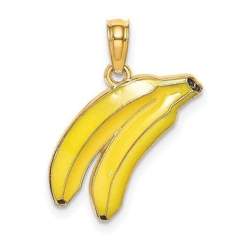 14K gold with colorful enamel 2-D bananas charm, perfect for jewelry pendants or charm bracelets.