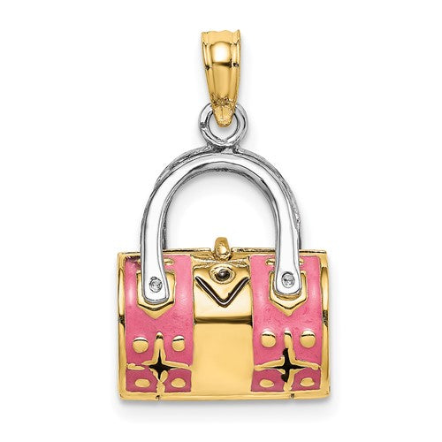 14K gold and rhodium 3D pink enameled handbag open charm pendant from Solomon Jewelers, detailed and colorful jewelry accessory