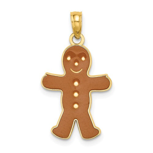 14K gold enameled gingerbread man charm, detailed 3-D design, perfect for jewelry pendants and charms from Solomon Jewelers.