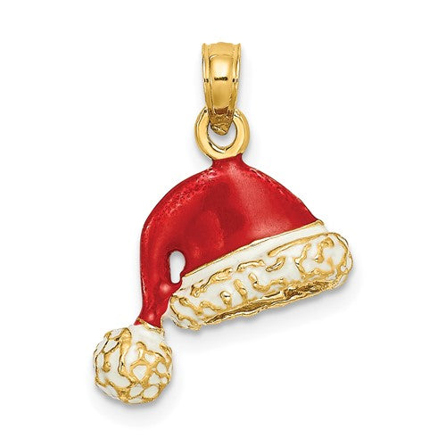 14K gold Santa hat charm with red and white enamel, perfect for necklaces or bracelets, by Solomon Jewelers.