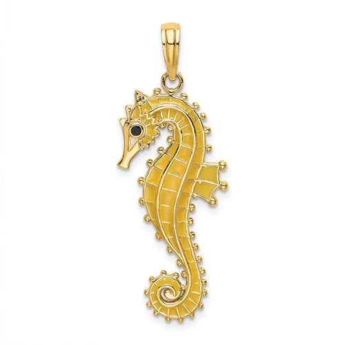 14K gold 3D enamel seahorse charm pendant, detailed marine design, perfect for jewelry accessories.