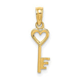 14K gold key pendant with a heart charm, featuring 3D detailing, from Solomon Jewelers' collection of gold pendants and charms.
