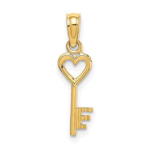 14K gold key pendant with a heart charm, featuring 3D detailing, from Solomon Jewelers' collection of gold pendants and charms.