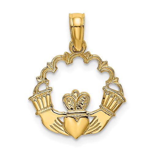 14k-engraved-claddagh-in-scallop-circle-charm-SolomonJeweler-Wichita-KS-CustomJewelry