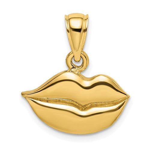 14K gold polished lips charm, pendant or charm from Solomon Jewelers, with a shiny, smooth finish and detailed lip design.