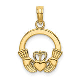 14K gold polished round Claddagh charm, featuring traditional heart and hands design, ideal for necklaces or bracelets.