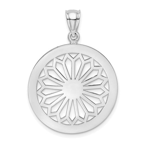 14K white gold retro daisy charm in round frame, jewelry pendant with floral design, from Solomon Jewelers.