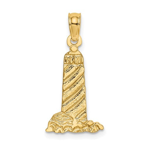 14K gold lighthouse charm with building details, ideal as a pendant or charm for jewelry, crafted by Solomon Jewelers.