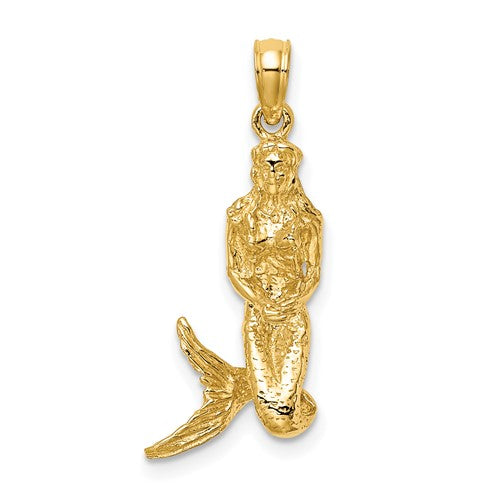 14K gold 3D mermaid charm pendant featuring intricate detailing, ideal for jewelry and charm collection.