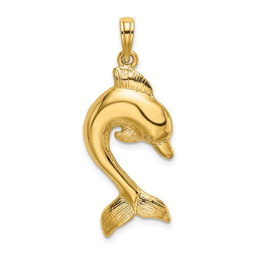 14K gold dolphin jumping charm pendant from Solomon Jewelers, polished 2-D design with detailed marine-inspired craftsmanship.