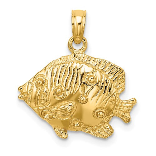 14K gold engraved fish charm pendant, polished 2-D design, jewelry accessory, from Solomon Jewelers