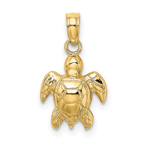 Gold 14K textured mini sea turtle charm pendant, detailed ocean-inspired jewelry from Solomon Jewelers.
