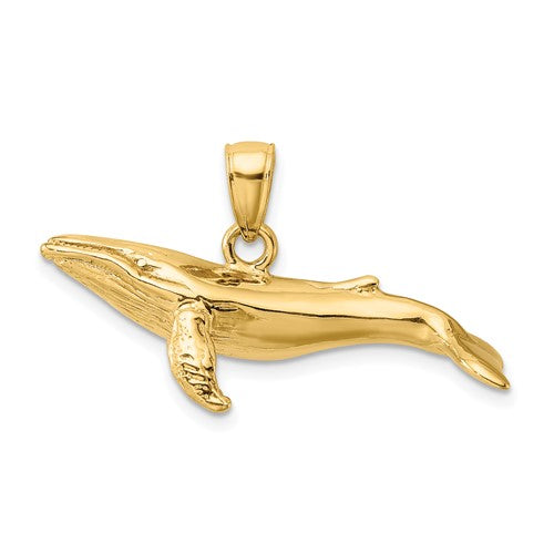 14K gold whale charm with textured 3-D humpback design, perfect for necklaces or bracelets, from Solomon Jewelers.