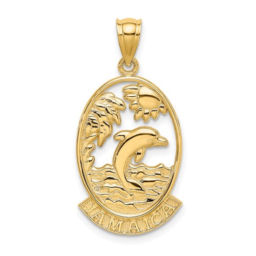 14K gold dolphin sunset scene charm pendant, crafted by Solomon Jewelers, featuring detailed ocean and sunset design.
