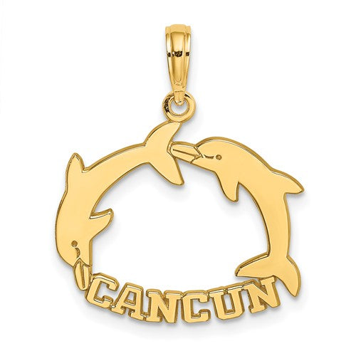 14K gold Cancun pendant with double jumping dolphin charm, crafted by Solomon Jewelers, featuring detailed dolphin designs.