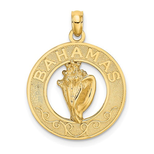 14K gold Bahamas pendant featuring a conch shell circle charm, crafted by Solomon Jewelers, displayed on a white background.