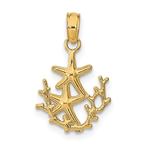 Gold 14K textured mini starfish and coral charm pendant, featuring ocean-inspired design from Solomon Jewelers.
