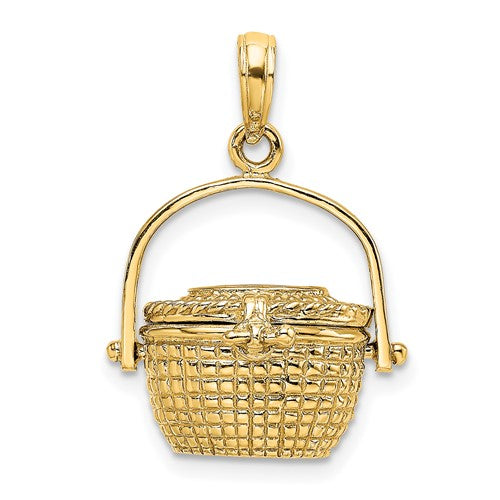 14K gold Nantucket basket charm with 3-D moveable lid, perfect for necklaces or bracelets, from Solomon Jewelers.