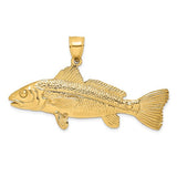 14K gold red fish charm pendant with 3-D design, crafted by Solomon Jewelers, featuring detailed fish shape.