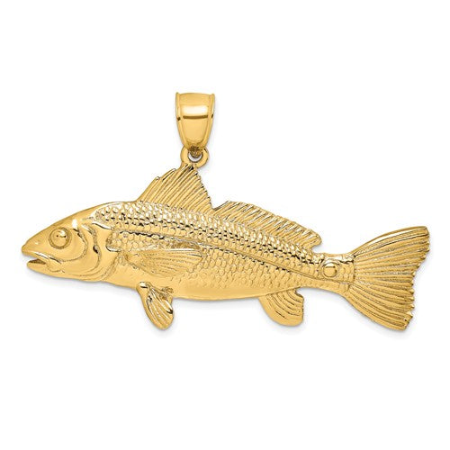 14K gold red fish charm pendant with 3-D design, crafted by Solomon Jewelers, featuring detailed fish shape.