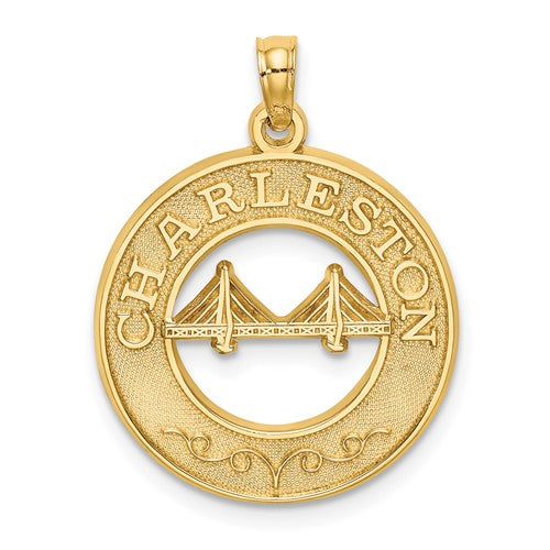 14K gold Charleston bridge charm pendant with intricate details, perfect for jewelry and charm collection.