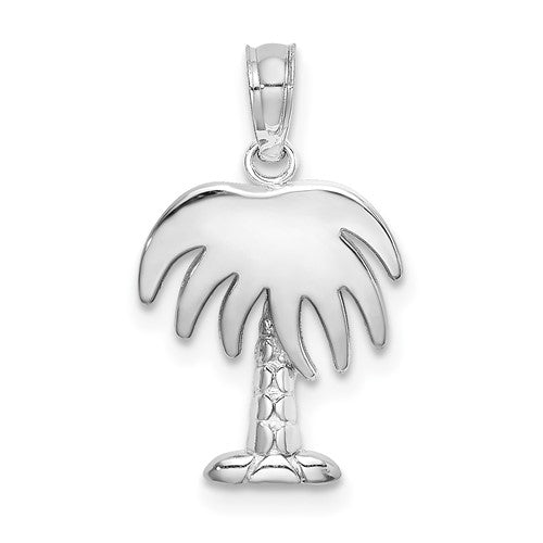 14K white gold Charleston palm tree charm, detailed pendant from Solomon Jewelers, featuring tropical palm design.