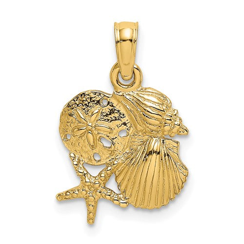 14K gold four shell cluster charm pendant with intricate detailing, designed by Solomon Jewelers for elegant jewelry collection.