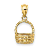 14K gold 2D flat back basket charm pendant with intricate design, ideal for jewelry making or personal adornment.