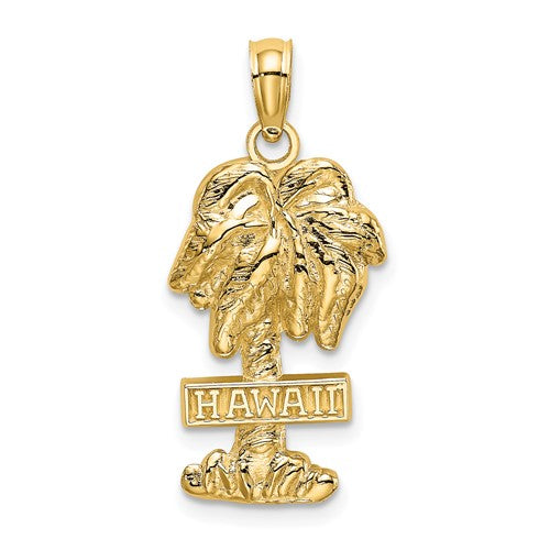 14K gold Hawaii palm tree charm from Solomon Jewelers, featuring detailed palm tree design on a gold pendant.