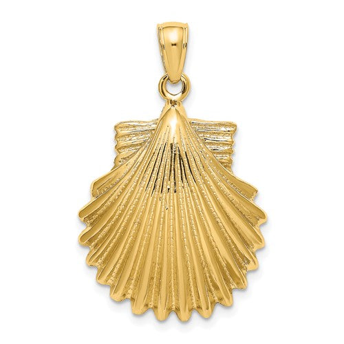 Gold scallop shell charm pendant in 14K polished gold, from Solomon Jewelers, featuring a detailed shell design.