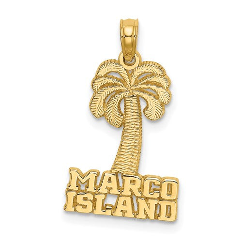 14K gold Marco Island palm tree charm pendant showcasing detailed palm tree design, perfect for jewelry and necklaces.