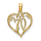14K gold heart charm pendant from Solomon Jewelers, featuring a delicate design on a 70-inch chain.
