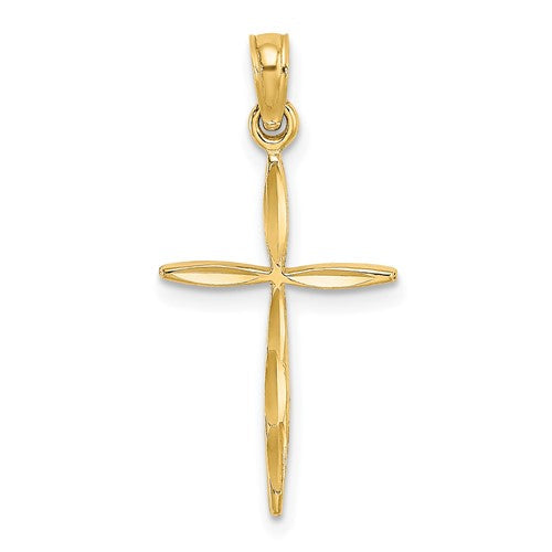 14K gold cross charm with tapered ends, designed as a pendant for necklaces, from Solomon Jewelers.