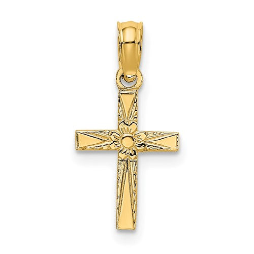 14k-polished-and-engraved-mini-cross-w-flower-charm-SolomonJeweler-Wichita-KS-CustomJewelry
