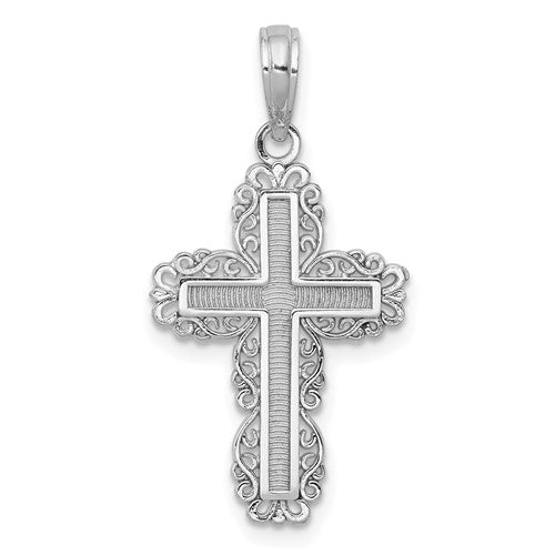 14k-white-gold-textured-w-lace-trim-cross-charm-SolomonJeweler-Wichita-KS-CustomJewelry