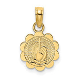 14k-praying-hands-and-cross-on-scalloped-round-disk-charm-SolomonJeweler-Wichita-KS-CustomJewelry