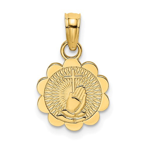 14k-praying-hands-and-cross-on-scalloped-round-disk-charm-SolomonJeweler-Wichita-KS-CustomJewelry