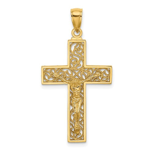 14k-textured-swirl-design-crucifix-charm-SolomonJeweler-Wichita-KS-CustomJewelry