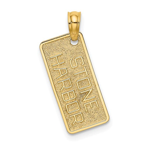 Gold textured 14K Stone Harbor license plate pendant from Solomon Jewelers, featuring a detailed, stylish design.