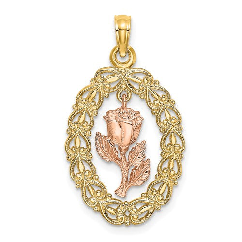 14k-two-tone-textured-oval-frame-dangling-rose-charm-SolomonJeweler-Wichita-KS-CustomJewelry
