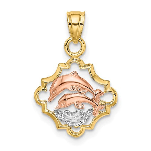 14k-two-tone-with-white-rhodium-double-dolphins-in-frame-charm-SolomonJeweler-Wichita-KS-CustomJewelry
