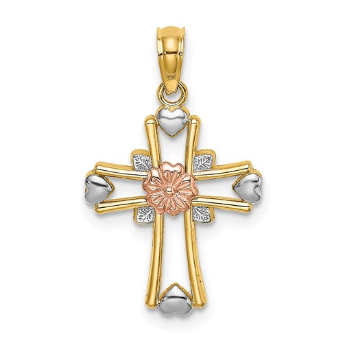 14k-two-tone-w-white-rhodium-cross-w-flower-and-heart-charm-SolomonJeweler-Wichita-KS-CustomJewelry