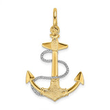 14K two-tone gold anchor charm with rope and shackle bail, featuring a 3D design, ideal for jewelry pendants and charms.