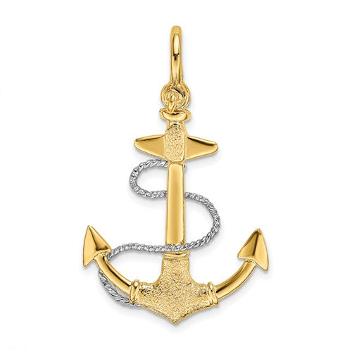 14K two-tone gold anchor charm with rope and shackle bail, featuring a 3D design, ideal for jewelry pendants and charms.