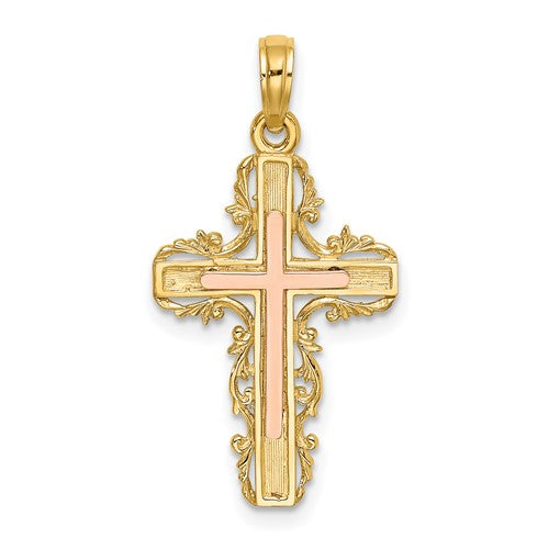 14k-two-tone-w-lace-trim-cross-charm-SolomonJeweler-Wichita-KS-CustomJewelry