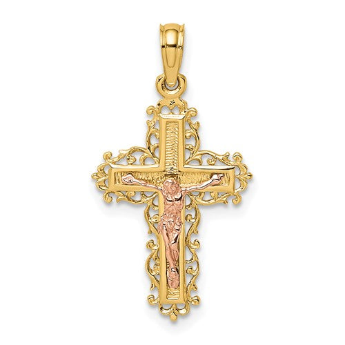 14k-two-tone-crucifix-w-lace-trim-charm-SolomonJeweler-Wichita-KS-CustomJewelry