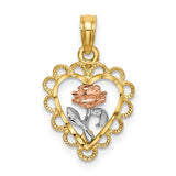 14k two-tone white rhodium heart charm with rose and lace trim, perfect for gold pendants and jewelry embellishments.