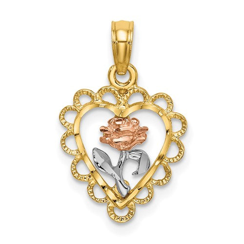 14k two-tone white rhodium heart charm with rose and lace trim, perfect for gold pendants and jewelry embellishments.